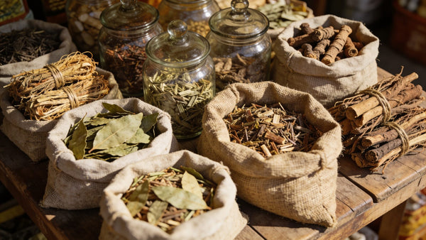Dried Caribbean herbs in burlap sacks and glass jars at a market table