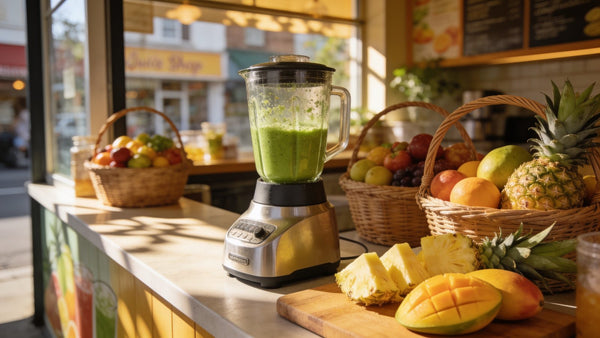 Juice bar counter with blender and fresh fruit in warm morning light