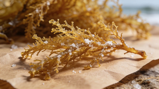 Dried wildcrafted gold sea moss with natural salt crystals