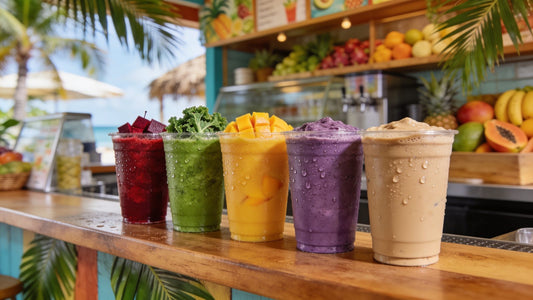 Colorful fresh smoothies lined up on a juice bar counter