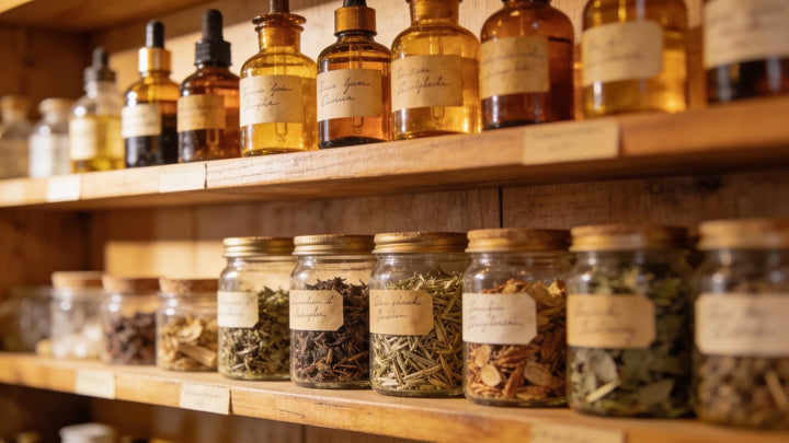 Herbal shop shelves lined with tincture bottles and dried herbs