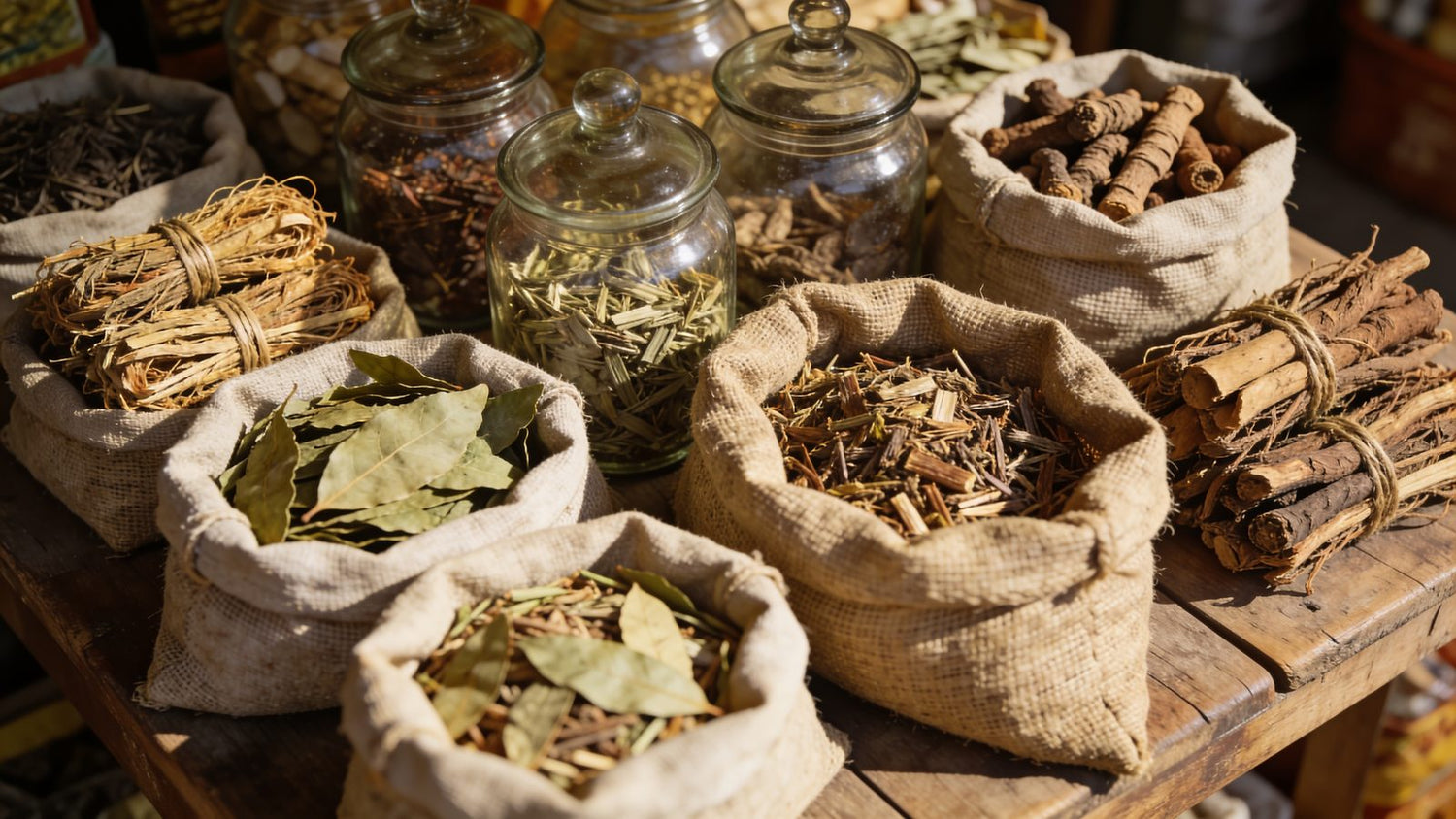 Dried Caribbean herbs in burlap sacks and glass jars at a market table