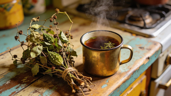 Dried cerasee bundle beside a cup of bush tea in an enamel mug