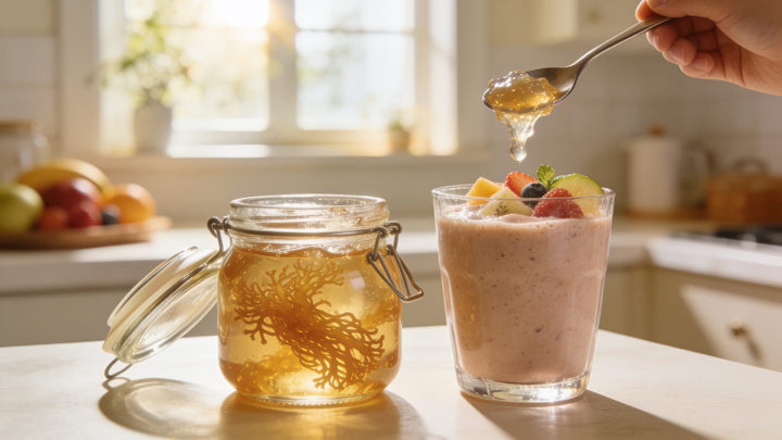 Jar of golden sea moss gel next to a fresh fruit smoothie
