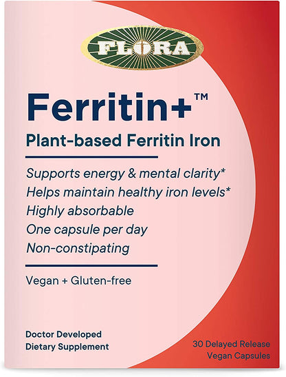 Flora - Ferritin+ Plant-Based Iron, Non-Constipating, capsules bottle front view
