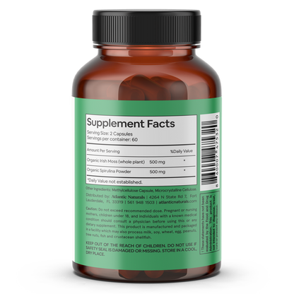 Organic Sea Moss with Spirulina 120 Vegan Capsules (1000mg) supplement facts label