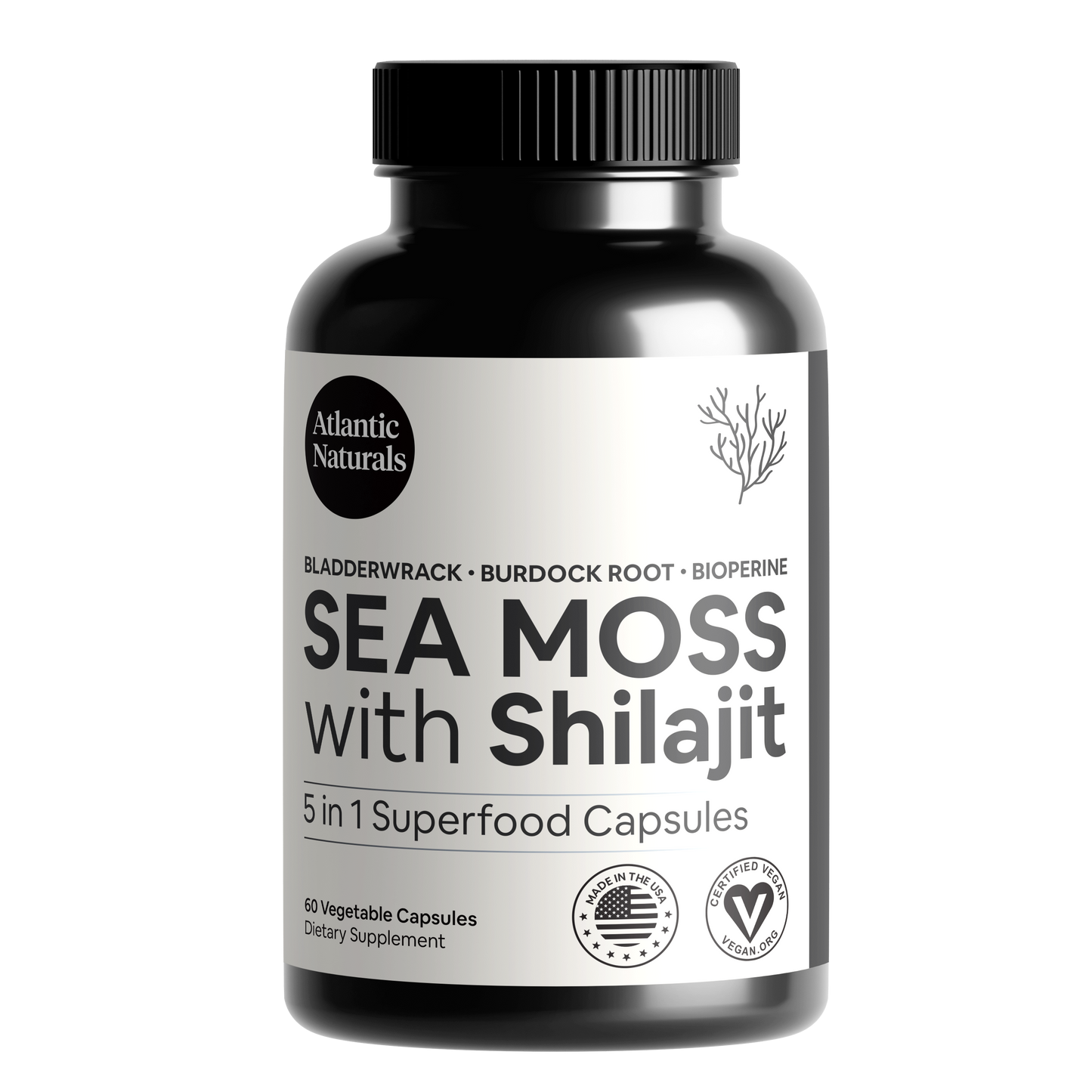 Sea Moss with Shilajit 5-in-1 Capsules (120 Vegan Capsules) capsules bottle front view