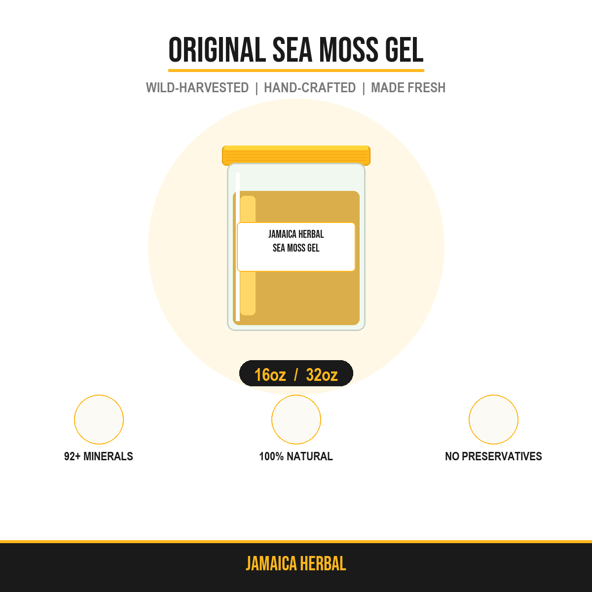 Original Sea Moss Gel - 16oz and 32oz mason jar with golden amber gel by Jamaica Herbal