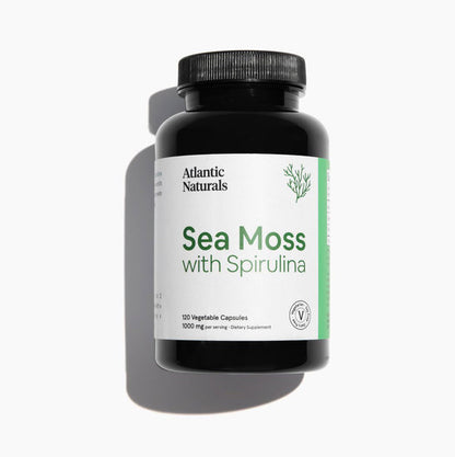 Organic Sea Moss with Spirulina 120 Vegan Capsules (1000mg) capsules bottle front view