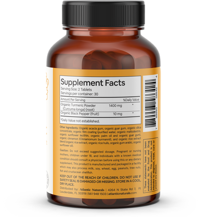 Organic Turmeric Root with Black Pepper 60 Tablets (1410 mg) supplement facts label